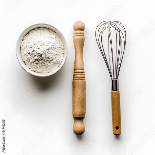 Baking Essentials: Flour, Dowel, and Whisk on White