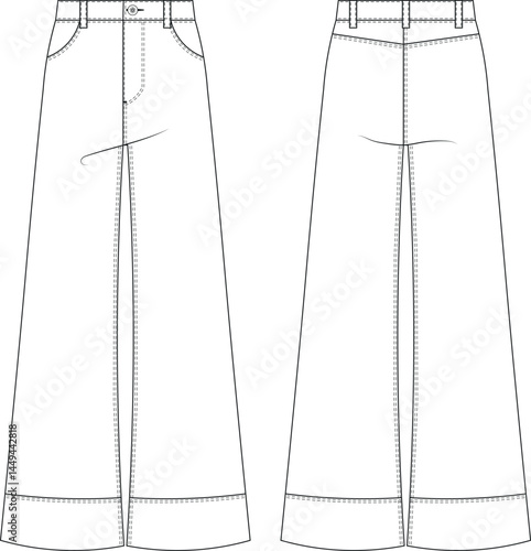 with pockets mid rise waist high rise waist wide leg denim jean pant trouser template technical drawing flat sketch cad mockup fashion woman design style model 
