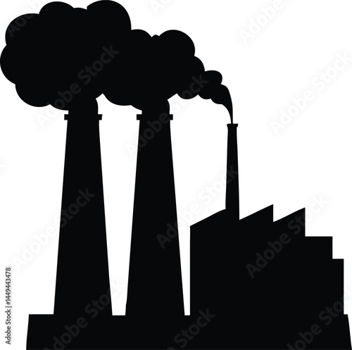 Silhouetted factory pumps smoke from tall smokestacks against a stark white backdrop here