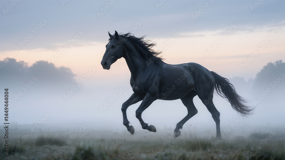 Majestic Black Horse Galloping Through Misty Morning Fog Majestic Black Horse Galloping Through Misty Morning Fog