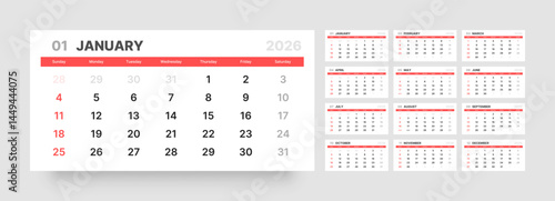 Monthly calendar layout for 2026 year. Quarterly calendar for 2026 year. Week Starts on Sunday. 