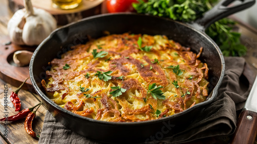 A close-up photograph of a golden-brown potato rosti in a black cast iron skillet.