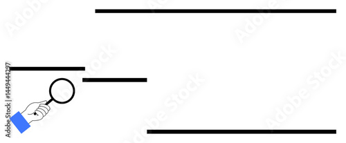 Hand holding magnifying glass focuses on horizontal lines, symbolizing research, analysis, investigation. Ideal for problem-solving, discovery, inspection, scrutiny learning exploration. Flat