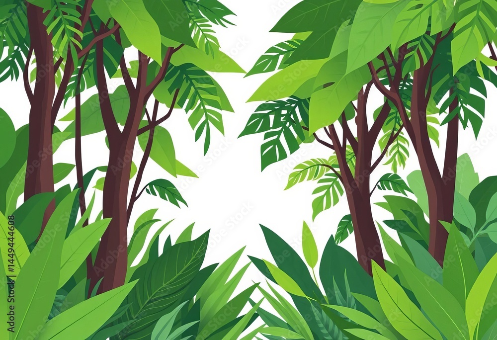 Obraz premium Simple green jungle background with flat vector trees and leaves, white background, organic, flat