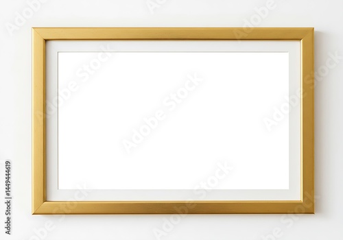 A horizontal gold frame with white matting and a blank white center on a white background wall space
