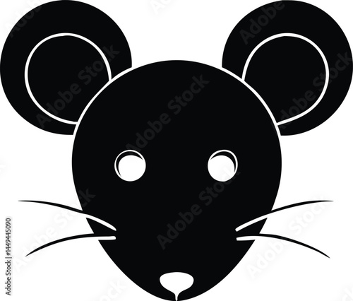 Simple black mouse face has round ears and long whiskers, on transparent background