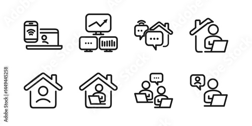 Remote Work Line Icons . Freelancer Work from Home, Video Call, Online Meeting, Teleconference Vector Set