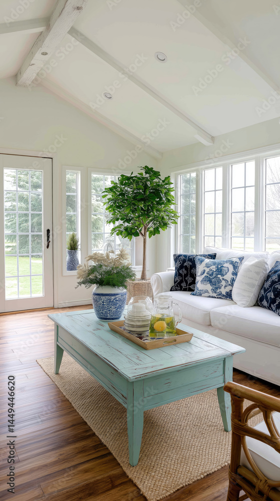 Fototapeta premium Light and airy sunroom with a light teal coffee table, white sofa, and potted tree