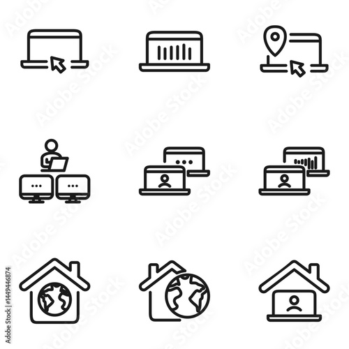 Remote Work Line Icons . Freelancer Work from Home, Video Call, Online Meeting, Teleconference Vector Set