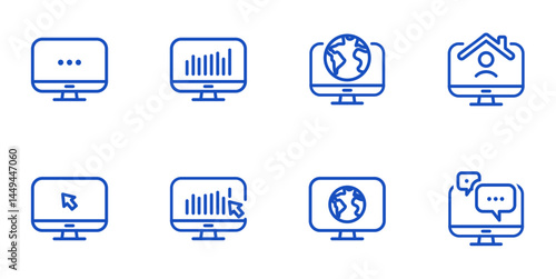 Remote Work Line Icons . Freelancer Work from Home, Video Call, Online Meeting, Teleconference Vector Set