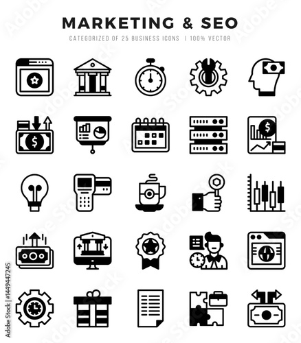 Set of 25 Marketing & SEO Lineal Filled Icons Pack.