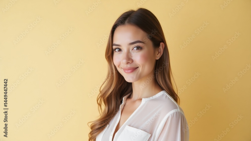 Market Sentiment. Smile hides vulnerability. Female woman model isolated background. Bright smile conceals womans subtle vulnerability in serene, yet introspective domestic setting scene. Market Sentiment. Smile hides vulnerability. Female woman model isolated background. Bright smile conceals womans subtle vulnerability in serene, yet introspective domestic setting scene.