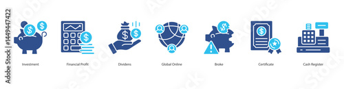 Financial Investment icon sheet investment, financial profit, dividens, global online, broke, certificate, cash register