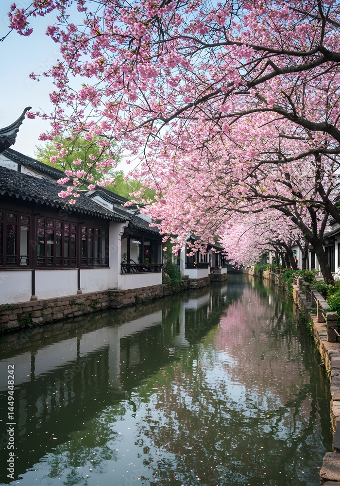A serene waterway winds through an oriental village adorned with sakura blooms, creating a peaceful tableau reflecting nature's transient beauty and architectural harmony A serene waterway winds through an oriental village adorned with sakura blooms, creating a peaceful tableau reflecting nature's transient beauty and architectural harmony