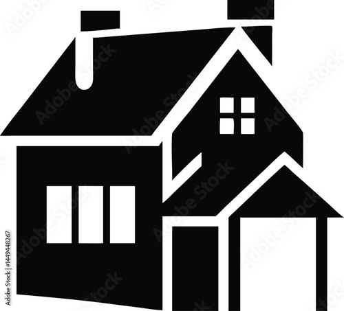 Solid black residence shows a suburban home with two chimneys and carport on white