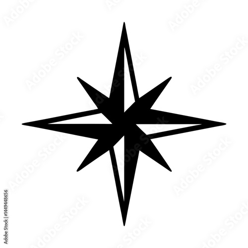 Eight Pointed Star Compass Rose Symbol in Black on White Background