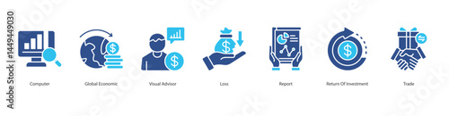 Global Analysis icon sheet computer, global economic, visual advisor, loss, report, return of investment, trade