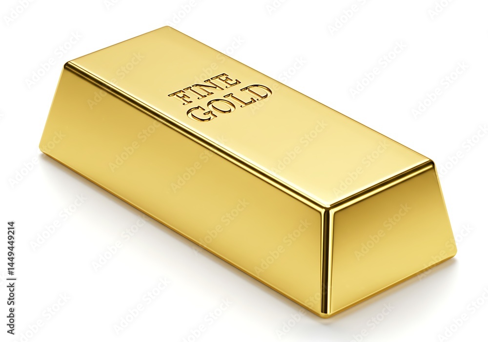 A single shiny gold bar with fine gold engraved on it is isolated on a white background surface A single shiny gold bar with fine gold engraved on it is isolated on a white background surface