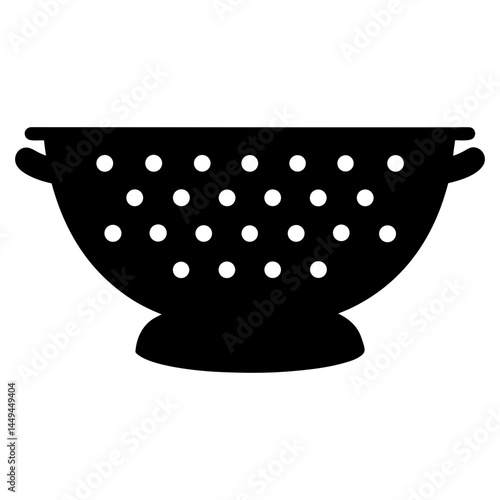 A simple black and white illustration of a kitchen colander or strainer