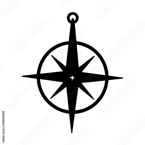 Simple Black Compass Rose Nautical Icon with a Ring for Hanging