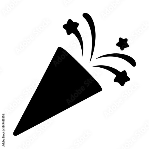 Celebratory Black Confetti Popper Icon with Stars and Streamers on White