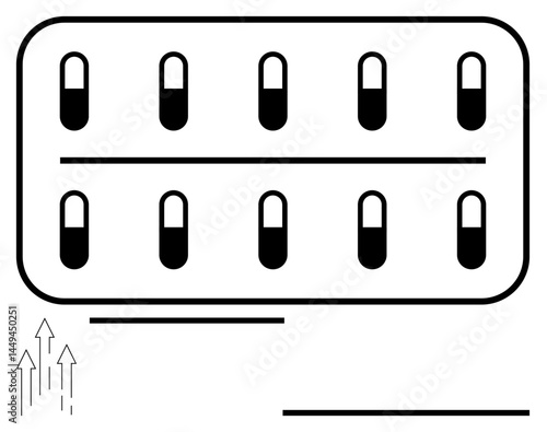 Blister pack holding 10 capsules in two rows with directional arrows conveying progress or movement. Ideal for medication, healthcare, pharmacy, advancement, minimalism, modern design, and simple
