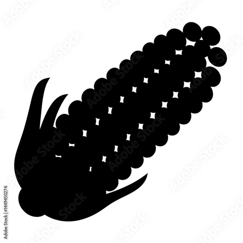 Stylized black silhouette of an ear of corn with leaves attached