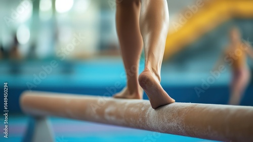 A gymnast's feet maintaining balance on a balance beam.