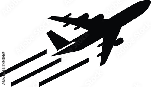 The airplane silhouette takes off with vapor trails behind on a transparent background