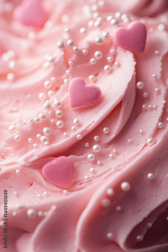 Close-up view of a pink frosted dessert with hearts and pearls. Close-up view of a pink frosted dessert with hearts and pearls.