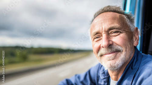 Smiling mature man in truck cab