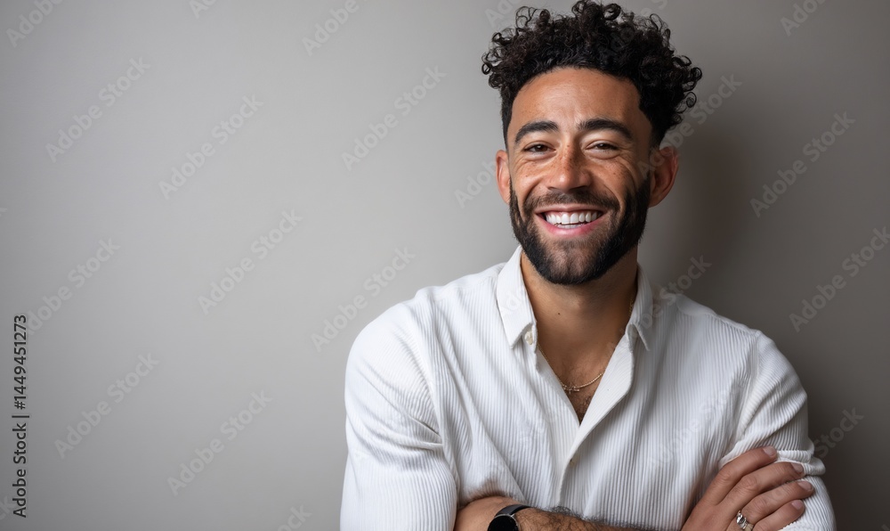 Obraz premium Portrait of a smiling man with arms crossed against a neutral background, suitable for use in a business or personal branding context
