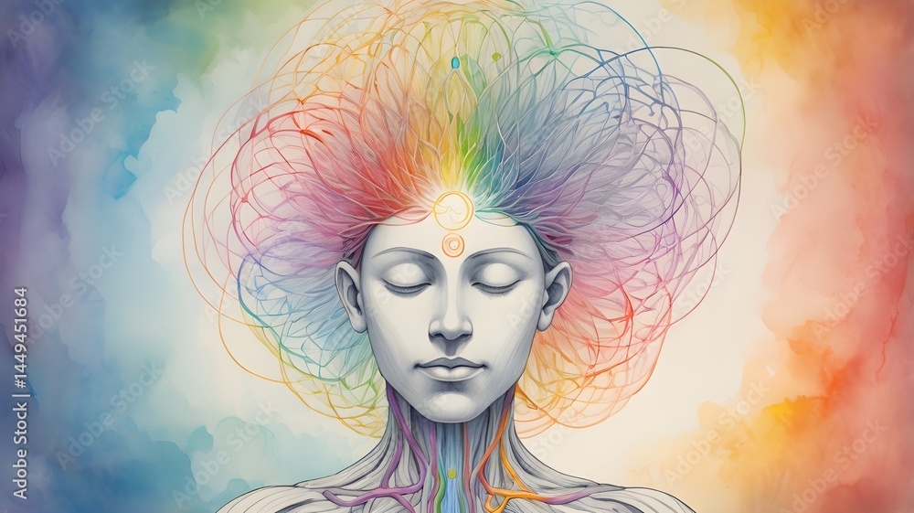Obraz premium A person meditating while colorful neural pathways form a halo around the head
