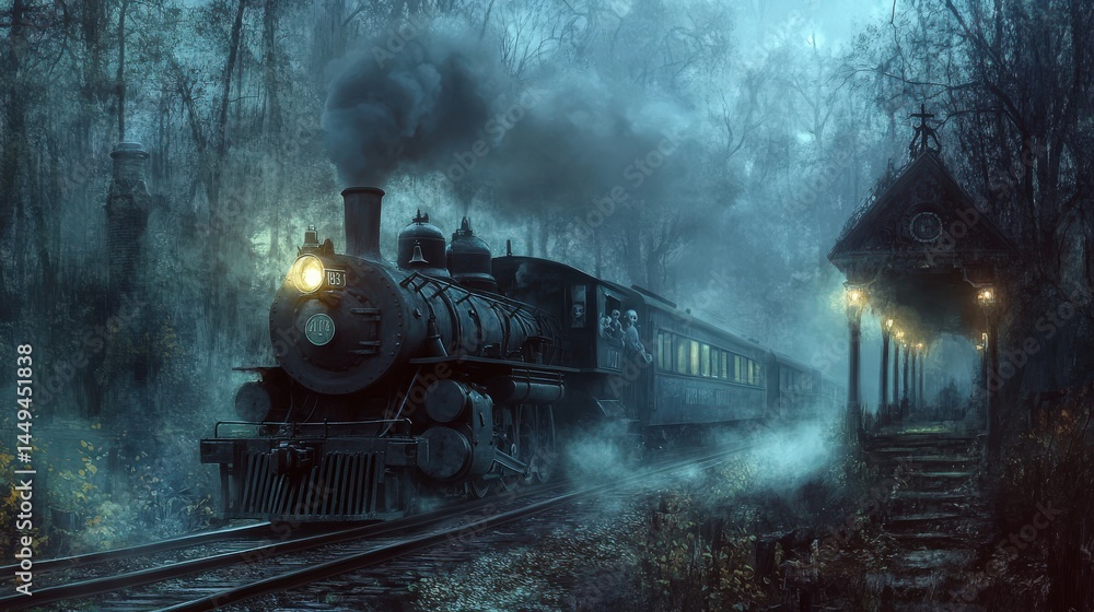 Mysterious steam train traversing a foggy woodland station. Mysterious steam train traversing a foggy woodland station.