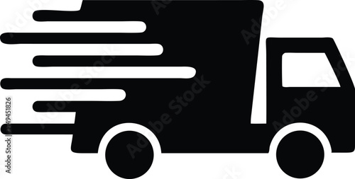 The monochrome delivery truck icon is moving quickly against a transparent background
