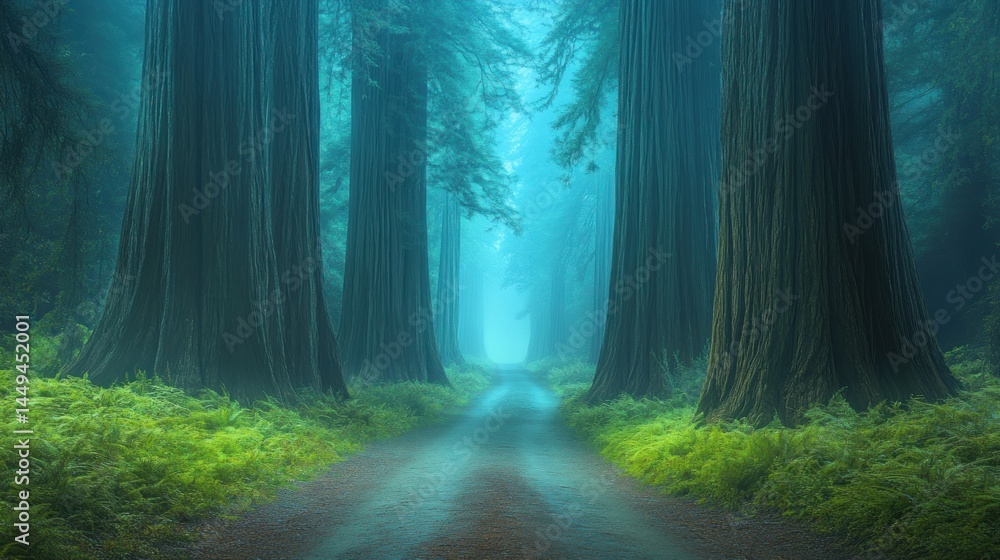 Naklejka premium Misty Redwood Forest Road
