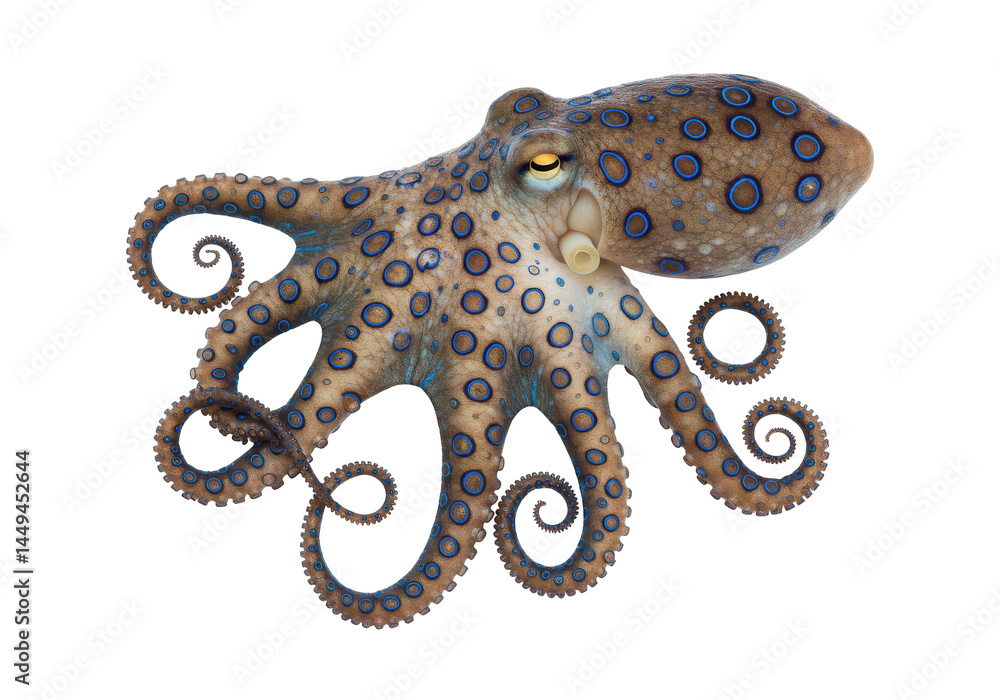 Obraz premium Blueringed octopus a venomous sea creature with mesmerizing patterns against a stark black backdrop