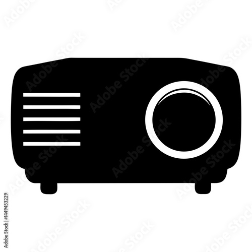 Black and white image of a digital projector with lens details