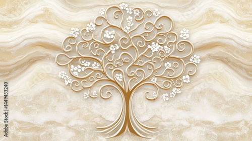 Ornate Gold Tree on Beige Marble