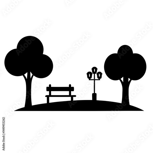 Silhouette illustration of a park with a bench and trees and lamp