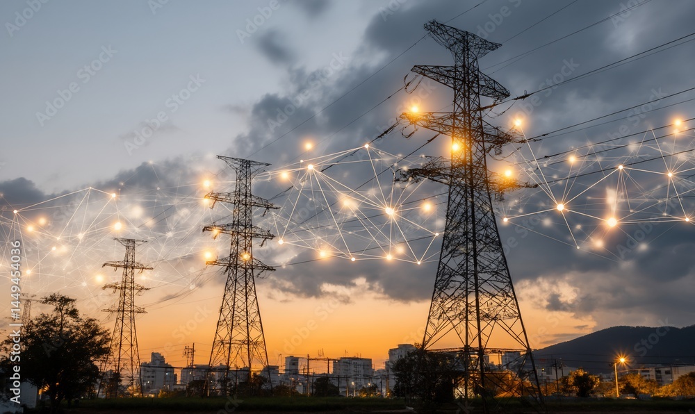 Fototapeta premium Power lines at dusk connected by glowing network; cityscape in background; for technology and energy concept; suitable for website banners, presentations, and educational materials