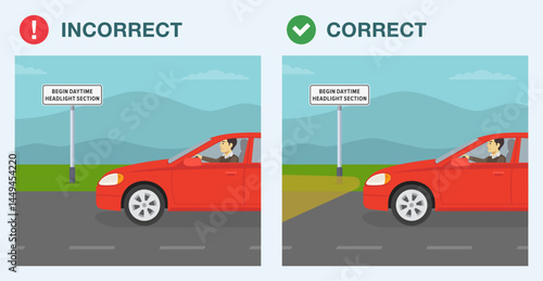 Safe driving tips and traffic regulation rules. Correct and incorrect driving. Begin daytime headlight section sign area. Side view of the car on road. Flat vector illustration template.