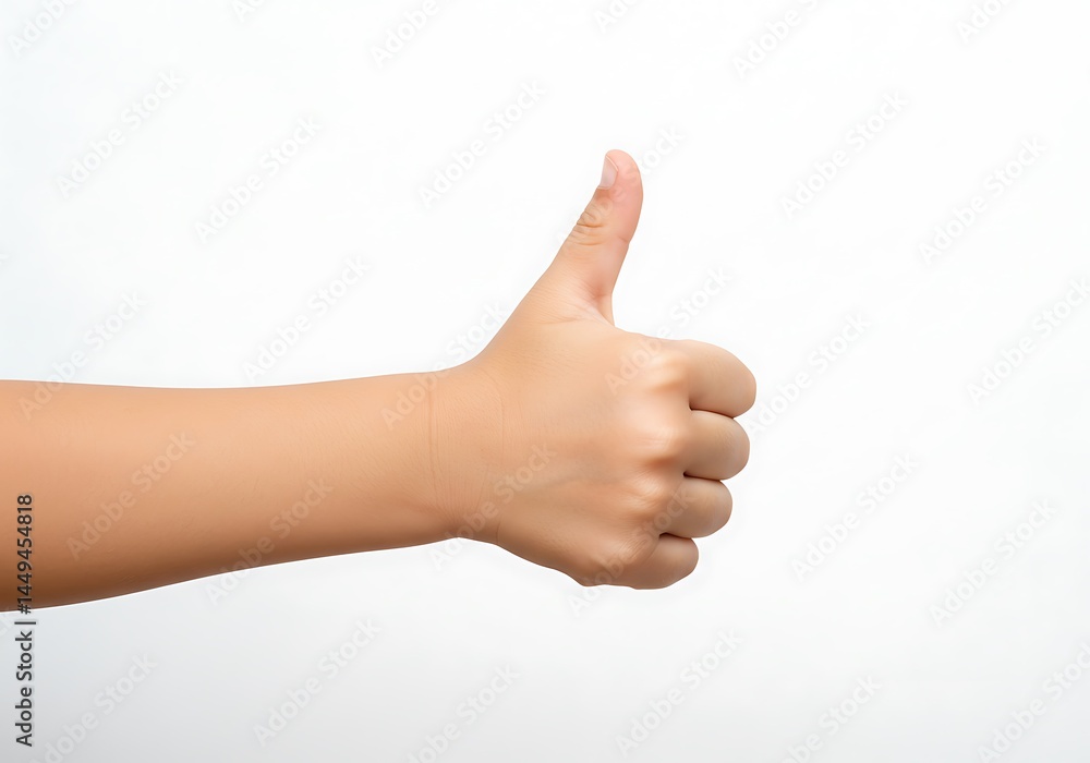 A hand giving a thumbs up gesture against a plain white background in a studio setting close up view A hand giving a thumbs up gesture against a plain white background in a studio setting close up view