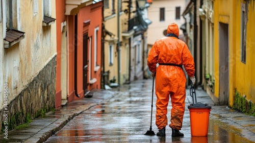 A lone street cleaner in an orange overall walks down a rain-soaked cobblestone street in a historic European city, his work a testament to urban life.