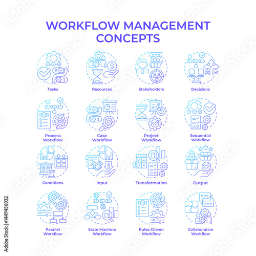 Workflow management blue gradient concept icons. Teamwork organization, customer experience. Icon pack. Vector images. Round shape illustrations for advertising, marketing. Abstract idea