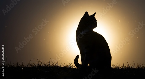 Silhouette of a Cat Posing at Sunset, Glowing Background
