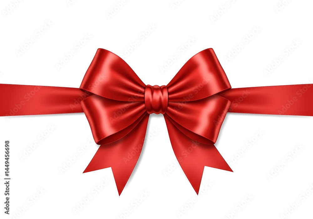 A close up of a shiny red satin ribbon tied in a bow on a plain white background for decoration use A close up of a shiny red satin ribbon tied in a bow on a plain white background for decoration use