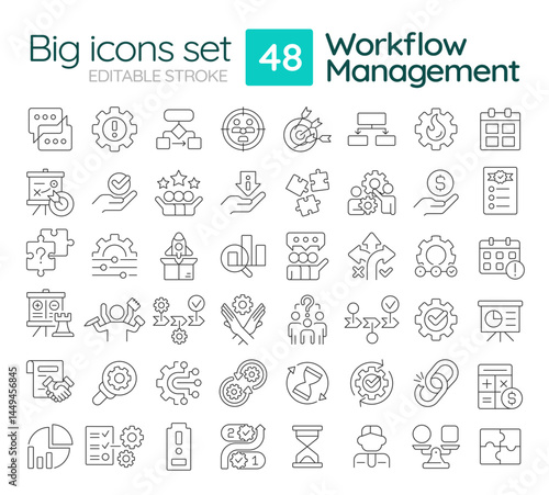 Workflow management line icons set. Teamwork organization. Statistical analytics. Customers experience. Isolated vector outline illustrations. Thin lineart iconset symbols. Editable stroke