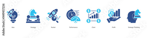 Strategic Growth icon sheet vector illustration idea, strategy, rocket, performance, chart, profit, strategic thinking