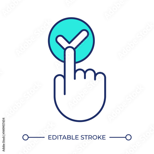 Opt in consent line color icon. User actively giving permission to collect data. Hand pressing OK button. Positive answer. Isolated vector illustration. Flat colorful symbol design. Editable stroke